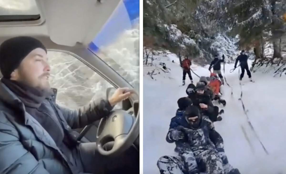 Tineri pe sanie şi schiuri au fost traşi de mașina unui preot în drum spre biserica din Ciosa Părintele a fost cel care a filmat întreaga situație