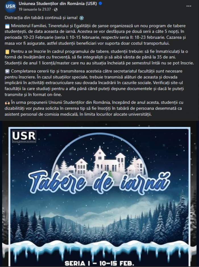 Postarea făcută pe Facebook în anunțul cu taberele studențești de iarnă