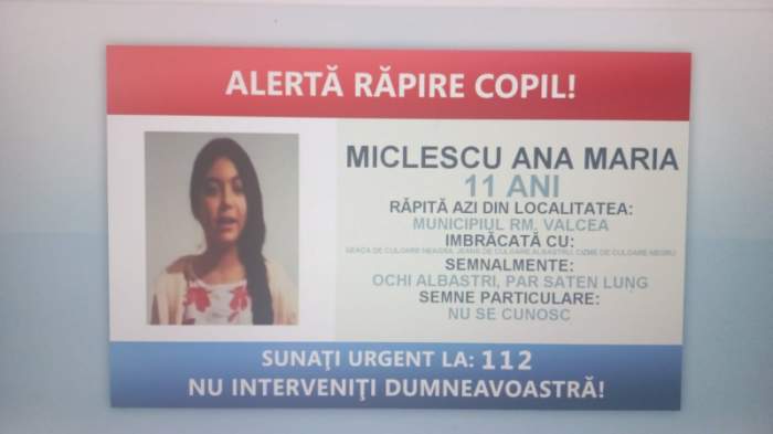 Fată de 11 ani, din Vâlcea, luată pe sus de patru bărbaţi şi o femeie. Poliția Română a emis o alertă răpire copil / FOTO