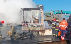Grav accident în Galați! Un autoturism și un camion au luat foc după coliziune. Pasagerii din autovehicul au fost găsiți carbonizați / FOTO