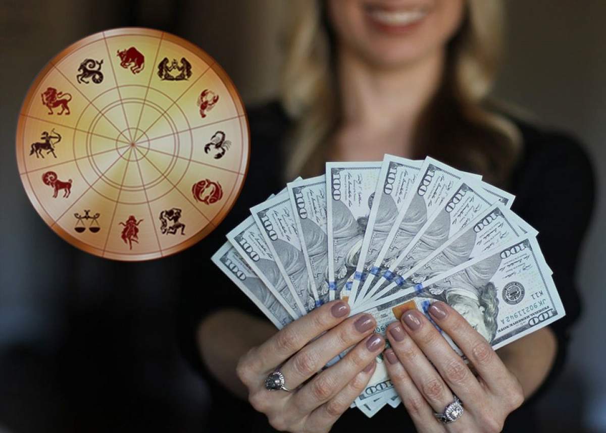 o persoană cu bani în mână și reprezentarea zodiilor