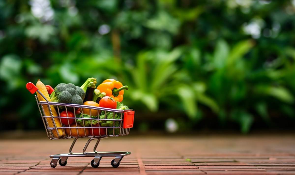 Coș de cumpărături de supermarket plin cu legume și fructe proaspete, concept de alimente organice sănătoase pe fundal neclar