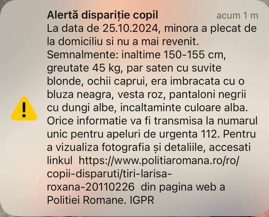 Ea e Larisa Roxana! Dacă ai văzut-o, sună la 112! A fost emis mesaj RO-Alert în două judeţe / FOTO