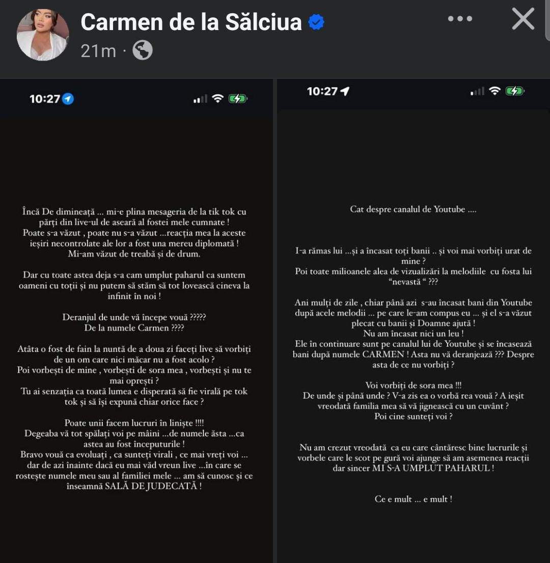 Carmen de la Sălciua o pune la punct pe fosta cumnată. Ce afirmații face cântăreața: „Toți banii i-au rămas lui”