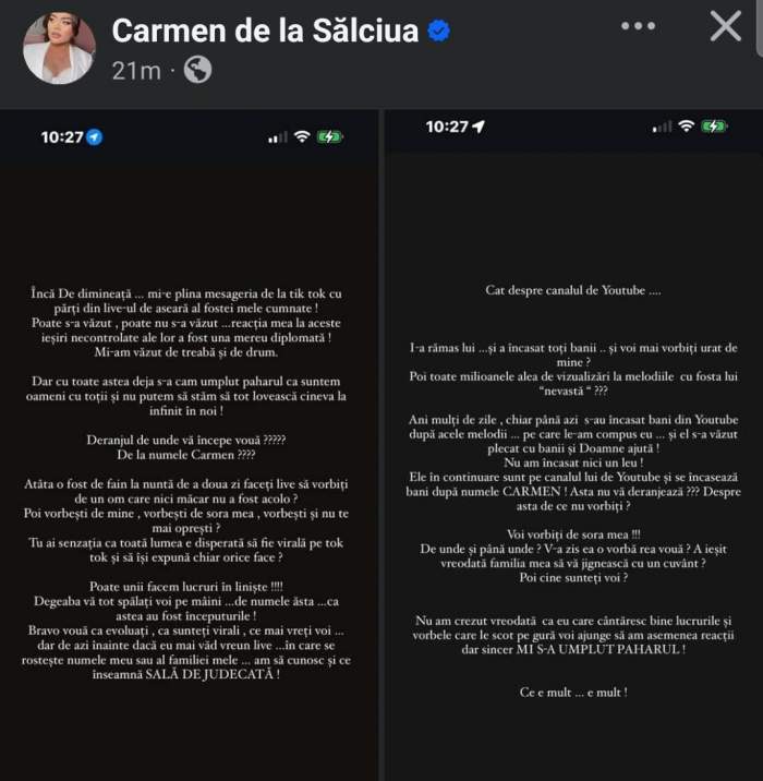 Carmen de la Sălciua o pune la punct pe fosta cumnată. Ce afirmații face cântăreața: „Toți banii i-au rămas lui”