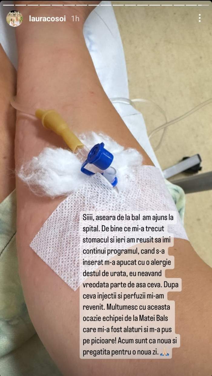 Laura Cosoi s-a afișat cu perfuzia la mână: „De la bal am ajuns la spital”. Cu ce probleme de sănătate se confruntă prezentatoarea TV