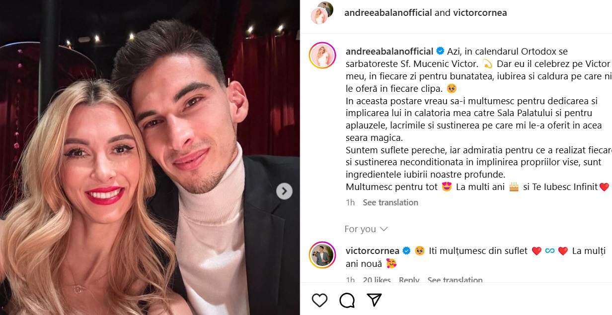 Andreea Bălan, declarație de dragoste emoționantă pentru Victor Cornea. Ce i-a transmis artista iubitului ei cu ocazia zilei de nume / FOTO