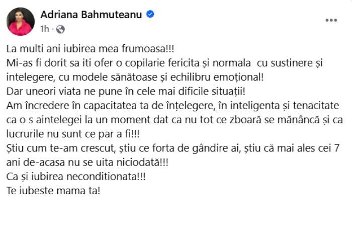 Fiul cel mic al Adrianei Bahmuțeanu a împlinit 14 ani. Mesajul emoționant scris de mama lui. Vedeta nu a putut să își vadă copilul și nici să îi vorbească / FOTO