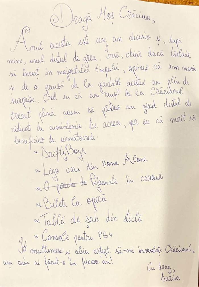 Scrisoarea emoționantă a lui Darius, băiețelul care a cerut bilete la Opera, de la Moș Crăciun! Dorința i-a fost împlinită / FOTO