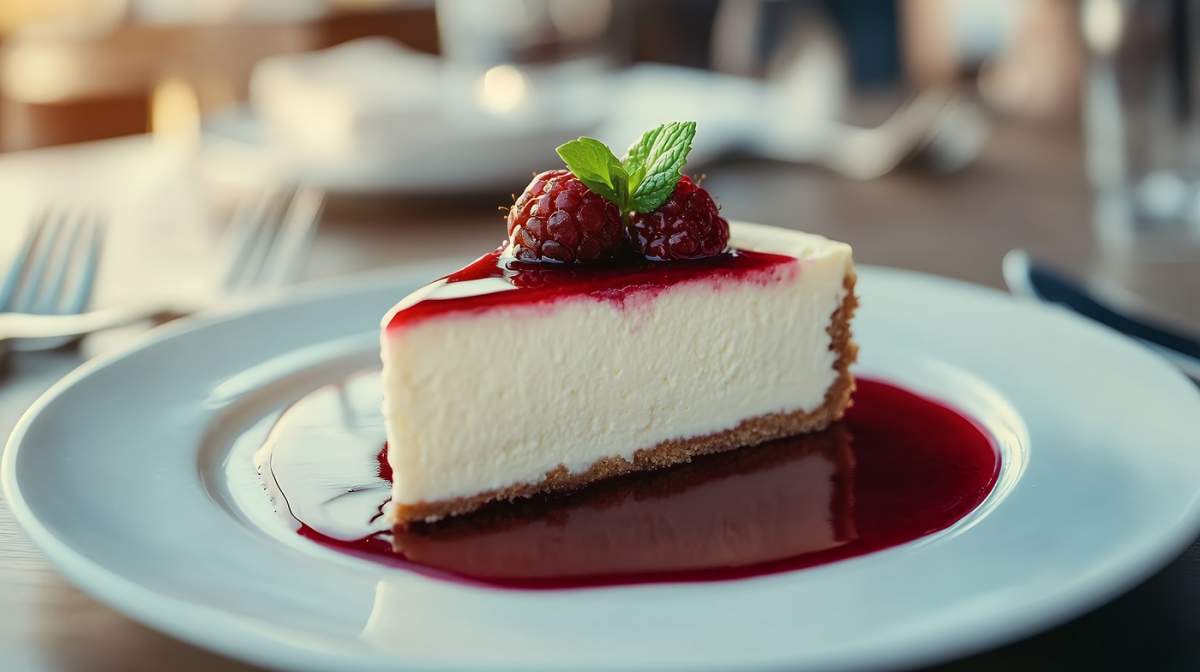 O felie de cheesecake cremos acoperit cu zmeură proaspătă și mentă, servit pe o farfurie albă cu sos de fructe de pădure