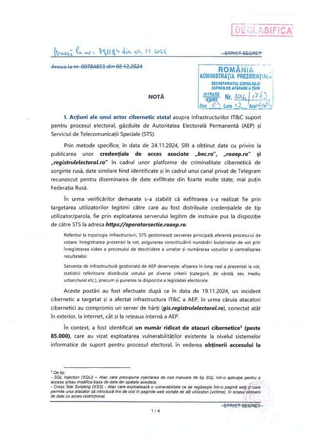 Klaus Iohannis a declasificat documentele despre atacurile la siguranța țării. Informații noi despre campania lui Călin Georgescu