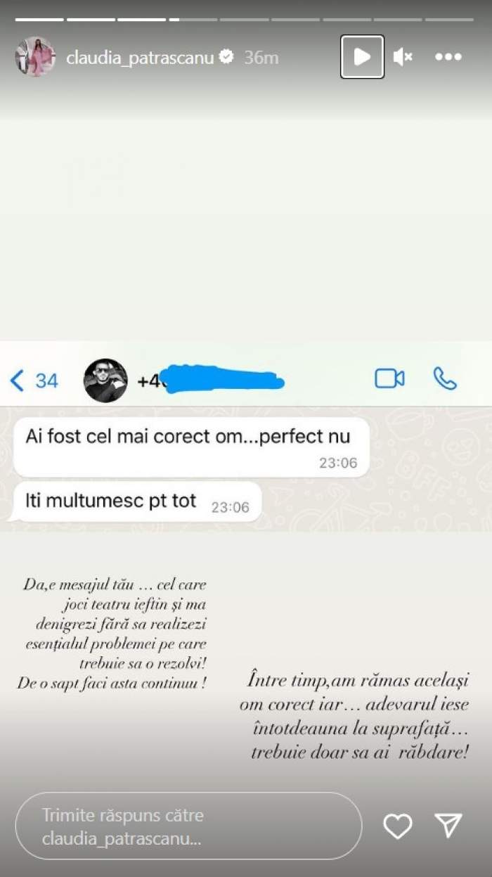 Ce mesaje de dragoste și de admirație îi trimitea Gabi Bădălău fostei soții, Claudia Pătrășcanu. Artista a făcut publică o parte din conversație / FOTO