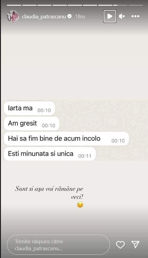 Ce mesaje de dragoste și de admirație îi trimitea Gabi Bădălău fostei soții, Claudia Pătrășcanu. Artista a făcut publică o parte din conversație / FOTO