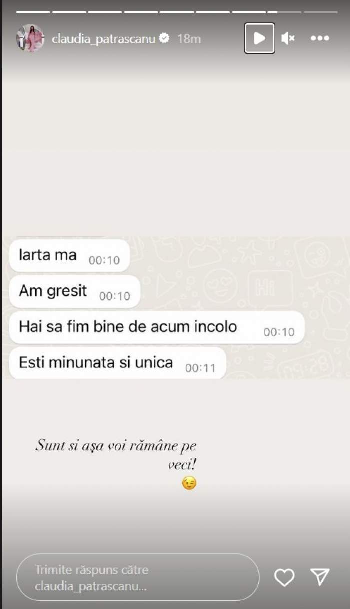 Ce mesaje de dragoste și de admirație îi trimitea Gabi Bădălău fostei soții, Claudia Pătrășcanu. Artista a făcut publică o parte din conversație / FOTO