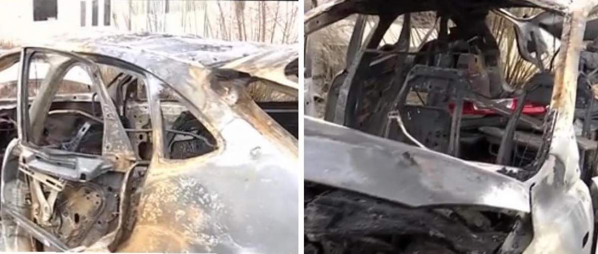 Două imagini cu mașina care a  explodat pe o stradă, în București