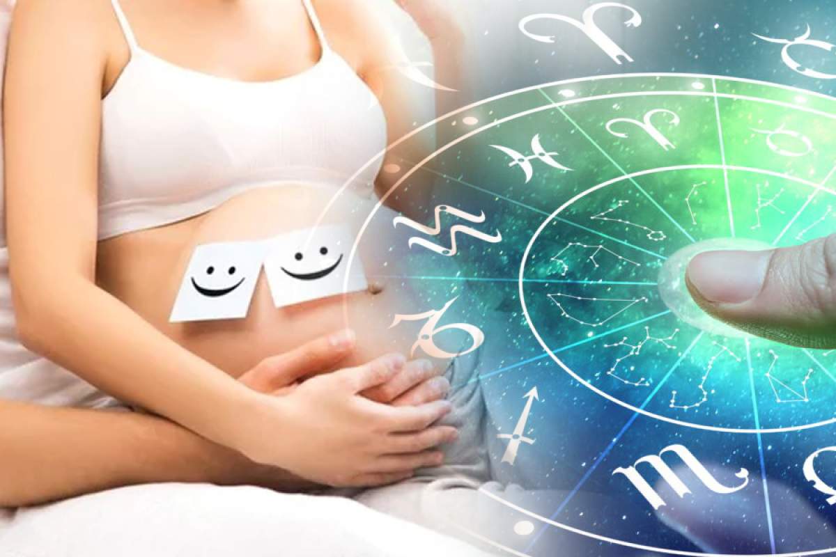 Machetă foto cu zodiile din horoscop și o femeie însărcinată