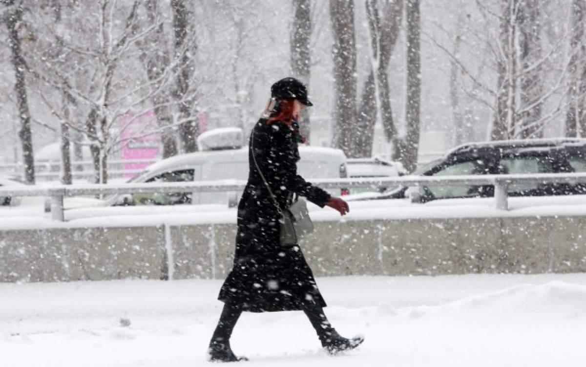 femeie se deplaseaza peisaj iarna ninsoare
