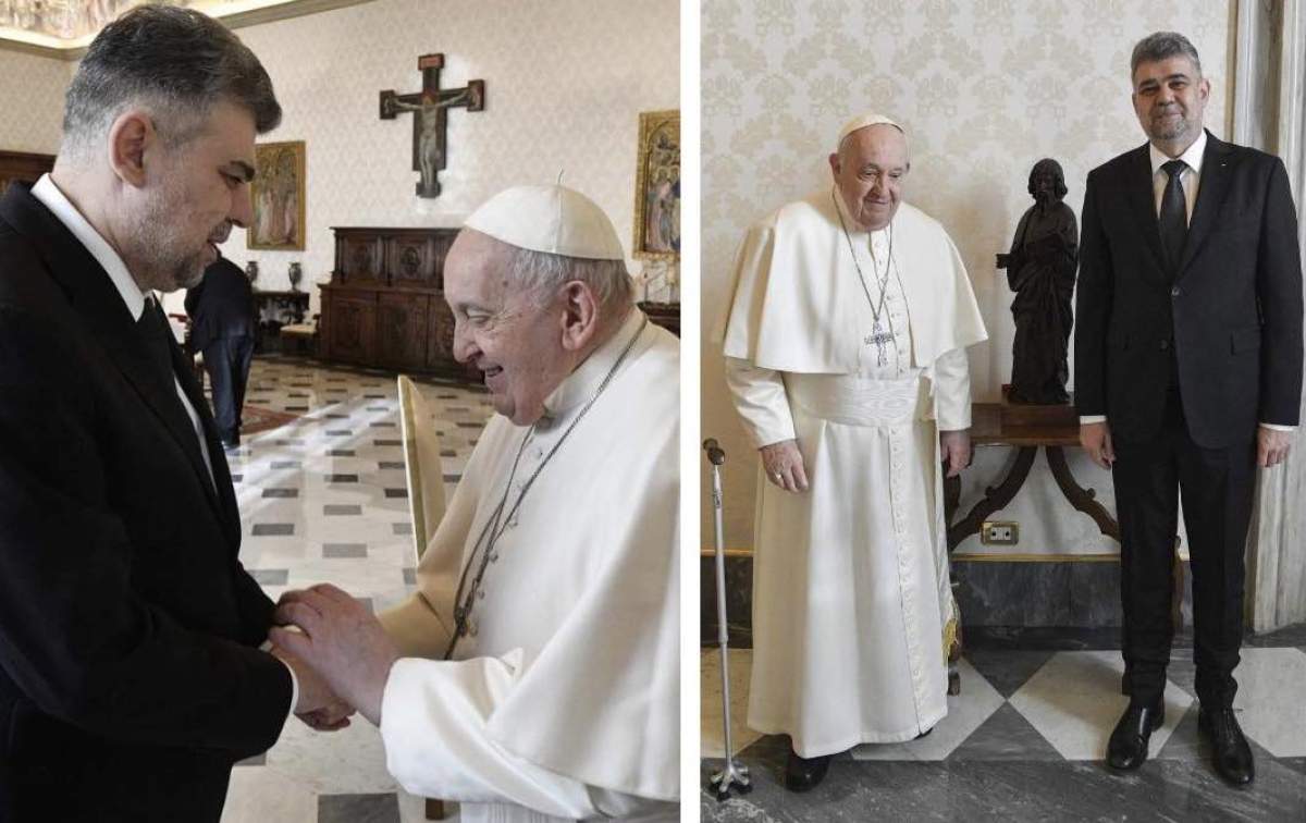 Colaj două fotografii cu Marcel CIolacu și Papa Francisc Colaj Marcel CIolacu și Papa Francisc