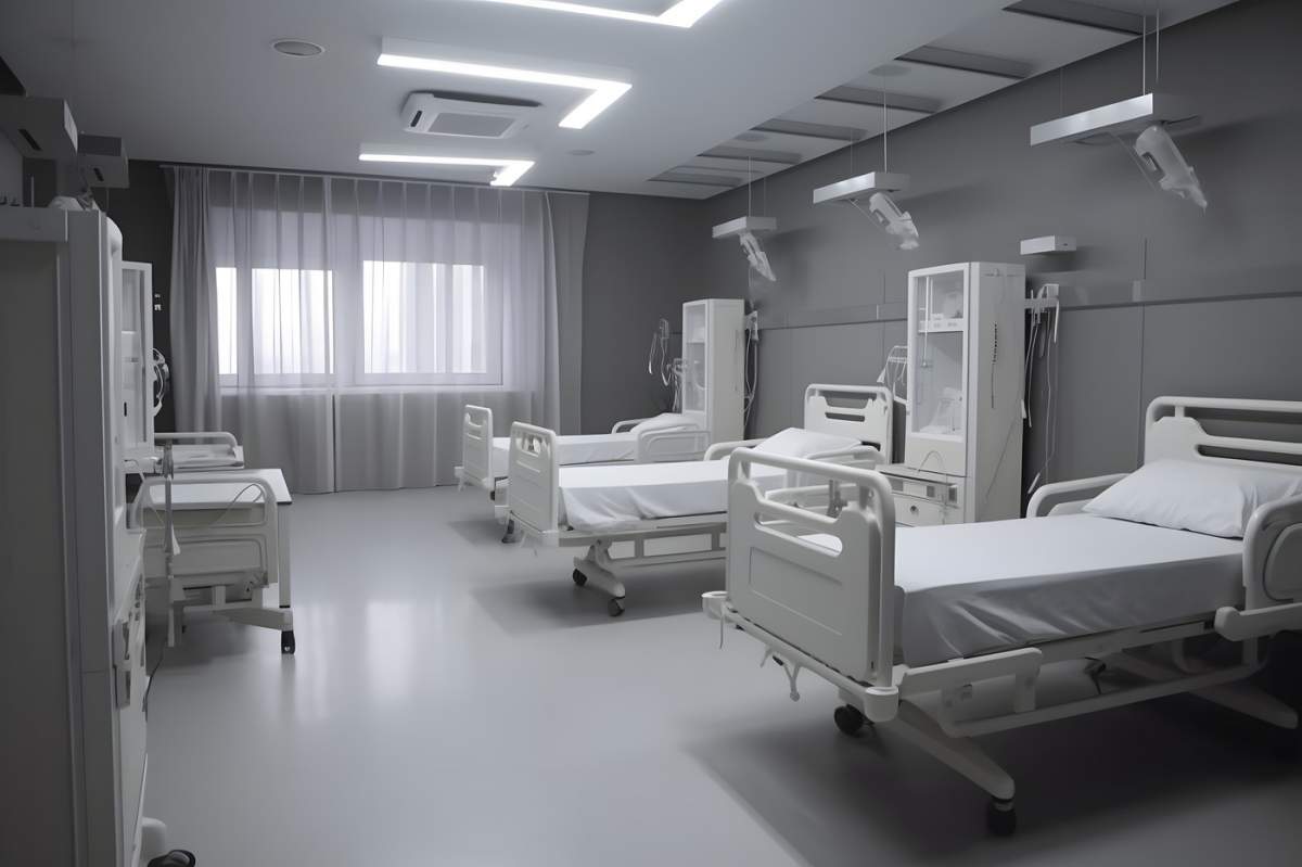Cameră de recuperare din spital cu paturi confortabile și echipament medical