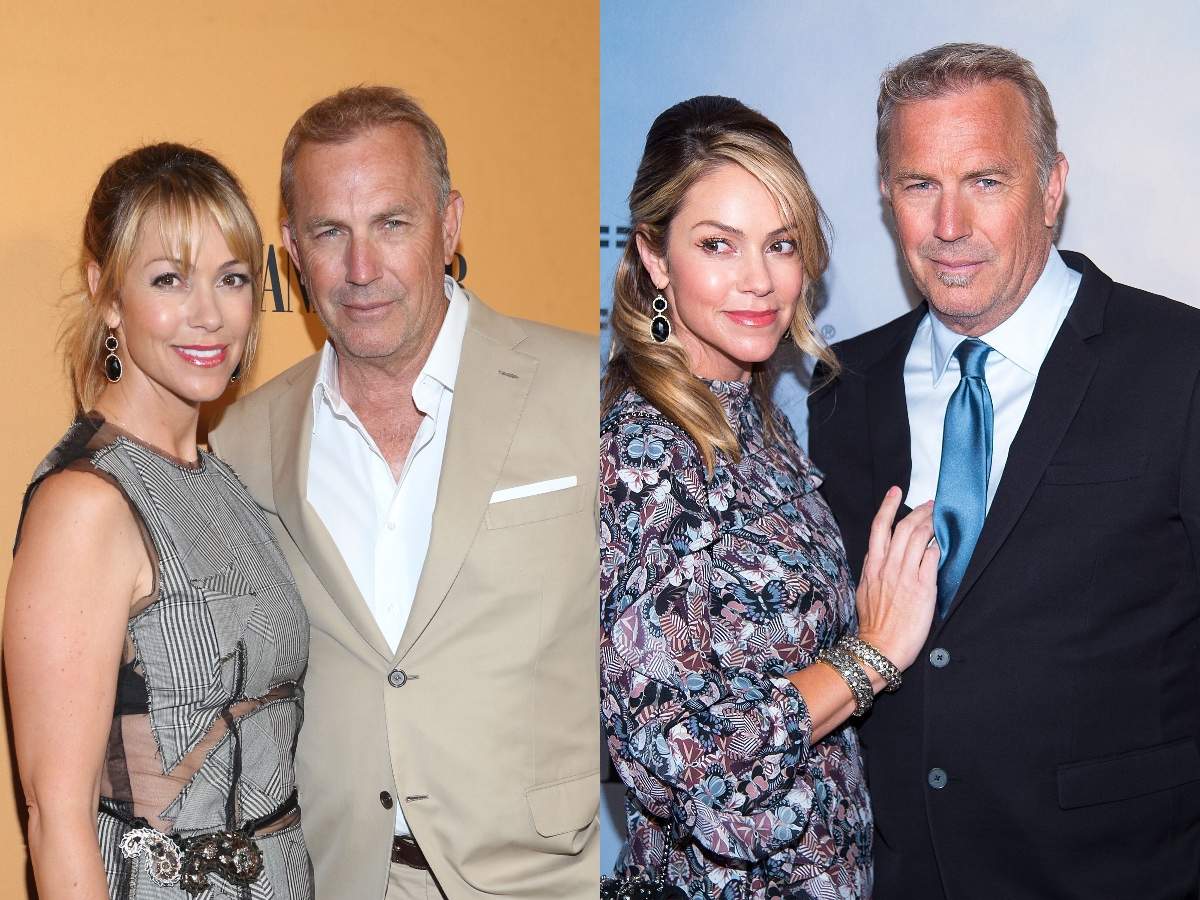 Colaj foto din doua imagini cu Kevin Costner și Christine Baumgartner