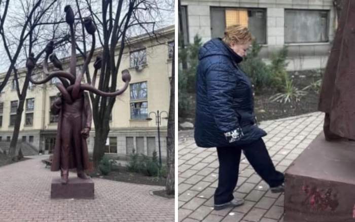 Colaj cu femeia care a lovit cu piciorul statuia