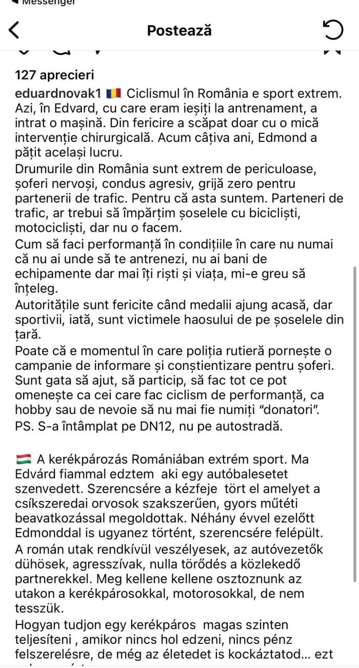 Mesajul postat pe Instagram după accidentul în care a fost implicat fiul lui Eduard Novak