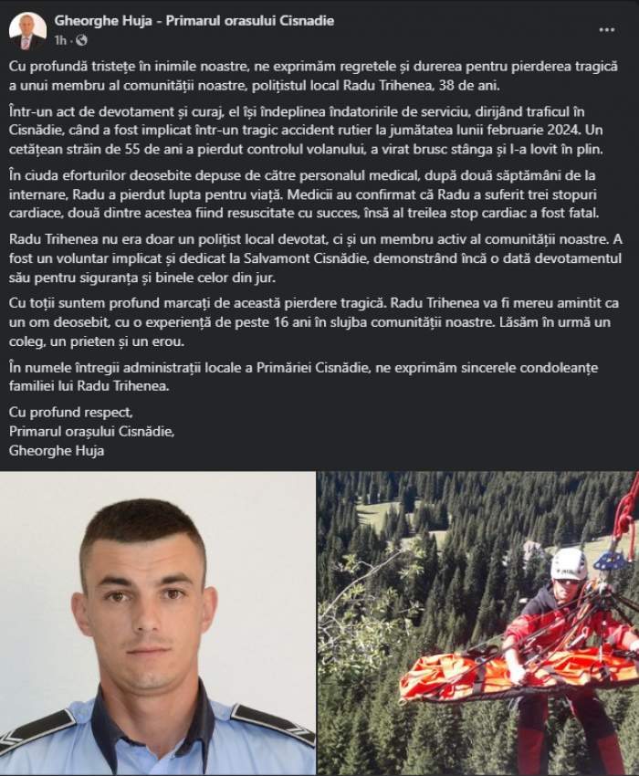 Mesajul publicat de primarul din Cisnadie după moartea polițistului