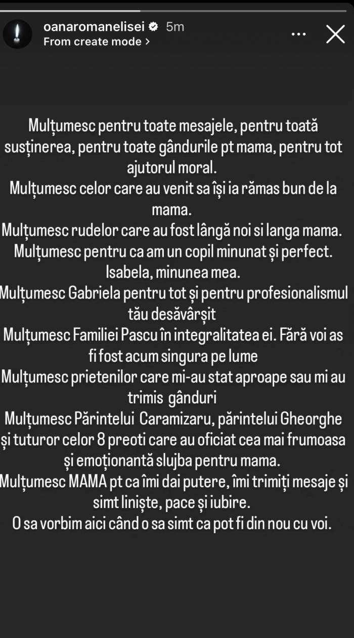 Oana Roman, primele declarații după ce Mioara Roman a fost înmormântată. Vedeta, recunoscătoare că i-a avut alături pe cei apropiați în cea mai dificilă zi / FOTO