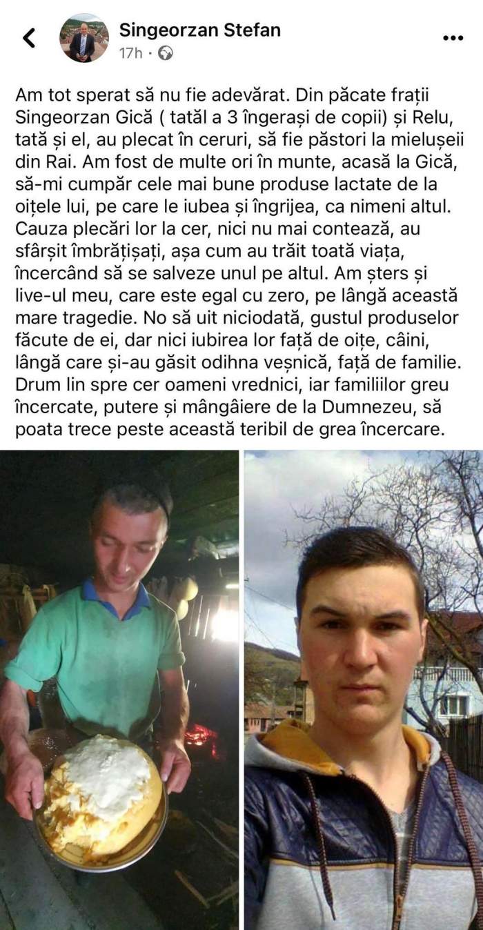 Mesajul postat pe Facebook despre Gică și Relu, frații care au murit la o stână din Bistrița-Năsăud