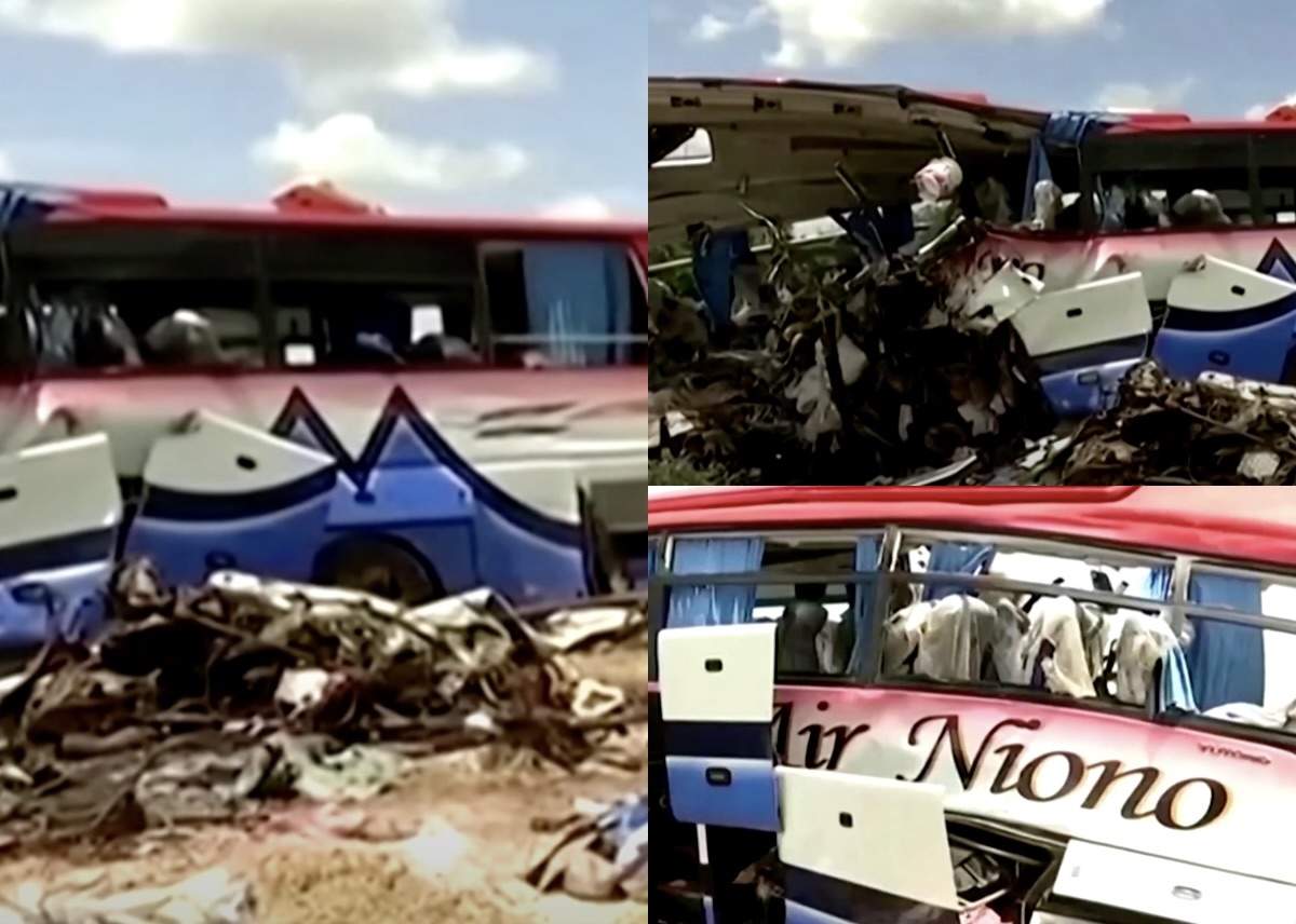 Colaj foto din trei imagini cu autobuzul făcut praf in accident