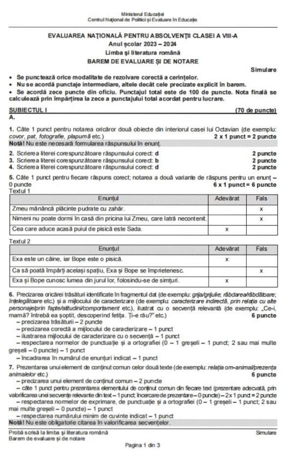 A fost afișat baremul pentru simularea Evaluării Naționale 2024 la Română, clasa a VIII-a. Cum se rezolvau corect subiectele / FOTO