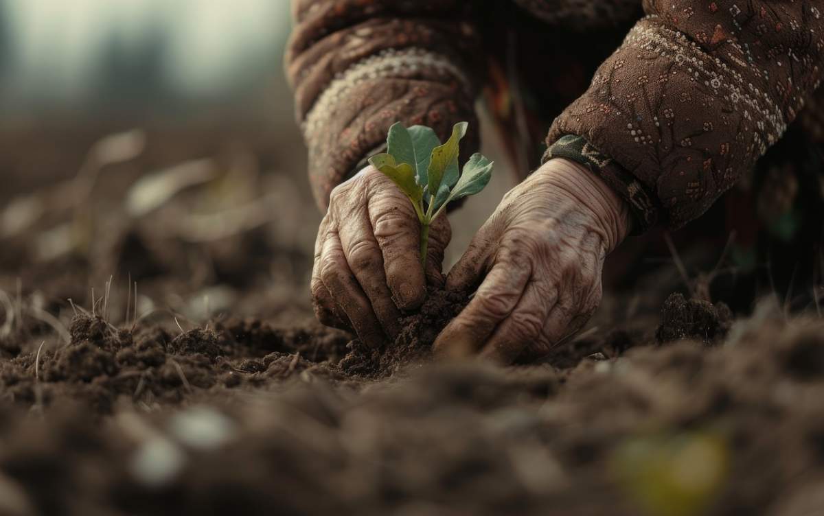 Mâinile în vârstă plantează o plantă tânără verde în sol, simbolizând creșterea și conservarea mediului.