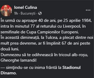 Captură ecran cu mesajul postat cu privire la decesul lui Gheorghe Iamandi