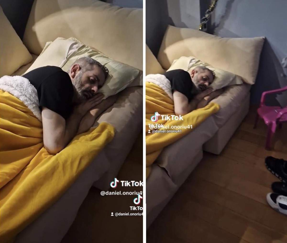 Colaj cu Daniel Onoriu doarme la prieteni, pe canapea, învelit cu o pătură galbenă Colaj cu Daniel Onoriu doarme la prieteni, pe canapea