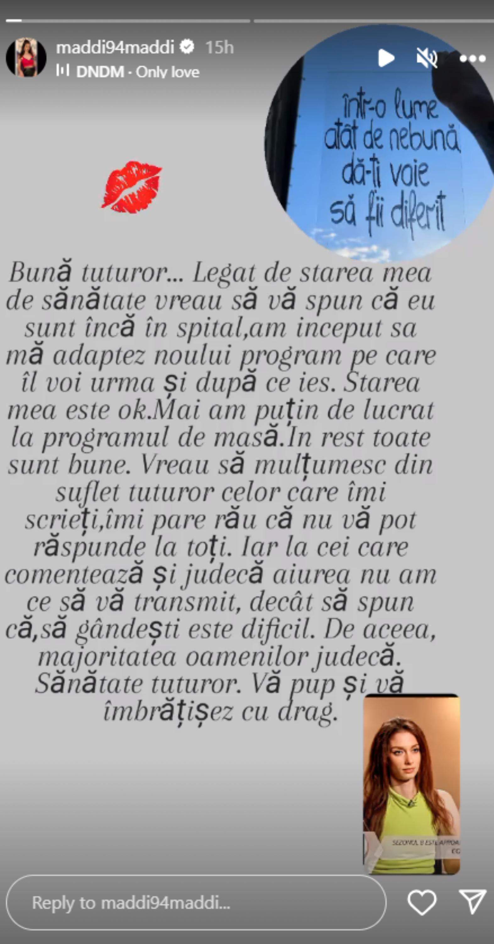 Cum se simte Madi de la Mireasa, sezonul 8, la două săptămâni după ce a ajuns la spital. Mesajul transmis de soția lui Sergiu: "De starea mea de sănătate vă spun că..." / FOTO