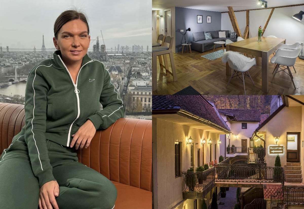 Colaj foto din trei imagini cu Simona Halep si hotelul de la Brașov