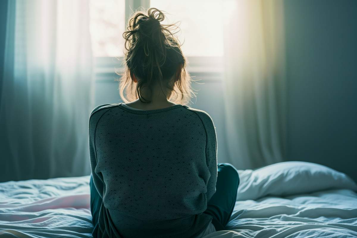 O fată stă pe un pat și se uită la o fereastră cu lumina translucidă a dimineții, simbolizând depresia și abuzul