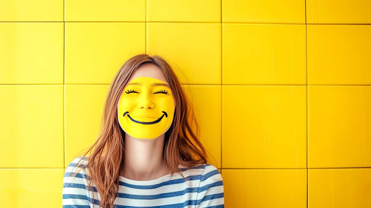 O femeie poartă pe față o mască galbenă cu o față zâmbitoare