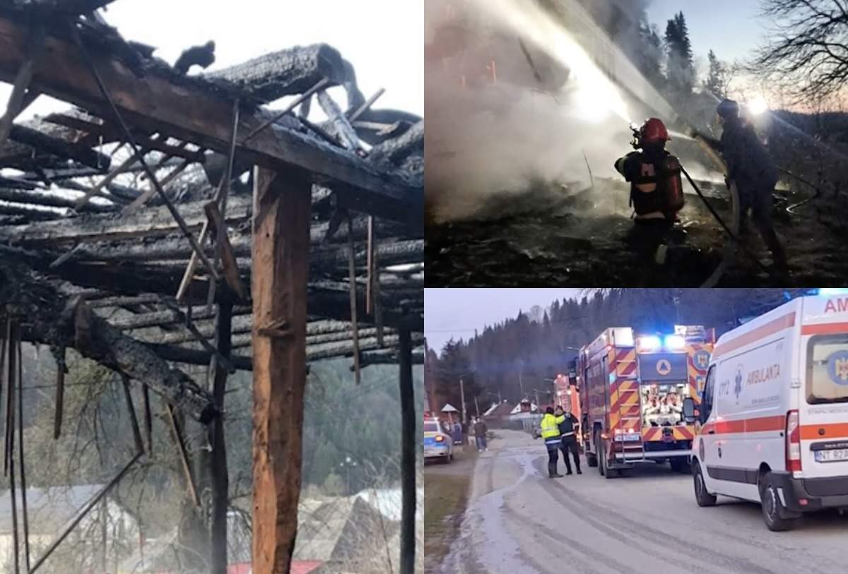 Colaj foto din trei imagini cu locuința arsa din Neamț