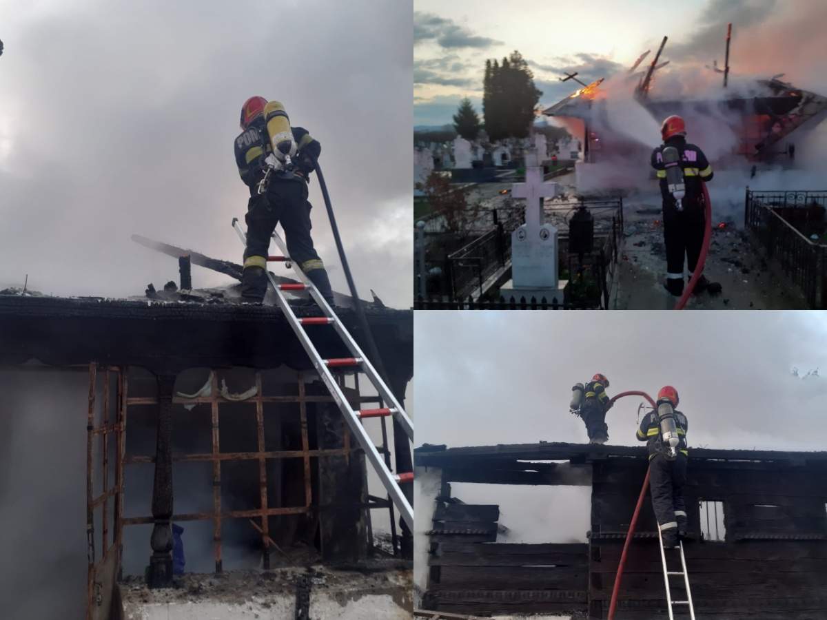 Colaj din trei imagini cu incendiul de la biserica din Râmnicu Vâlcea