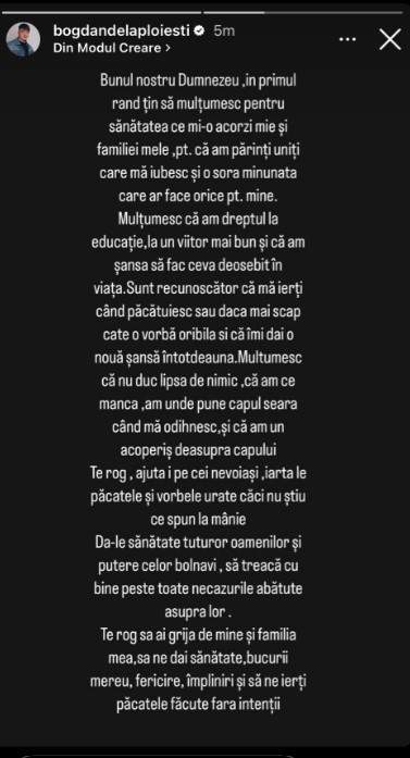 „Sunt recunoscător că mă ierți când păcătuiesc”. Bogdan de la Ploiești, „spovedanie” pe Instagram! Un nou mesaj atipic după despărțirea de Cristina Pucean