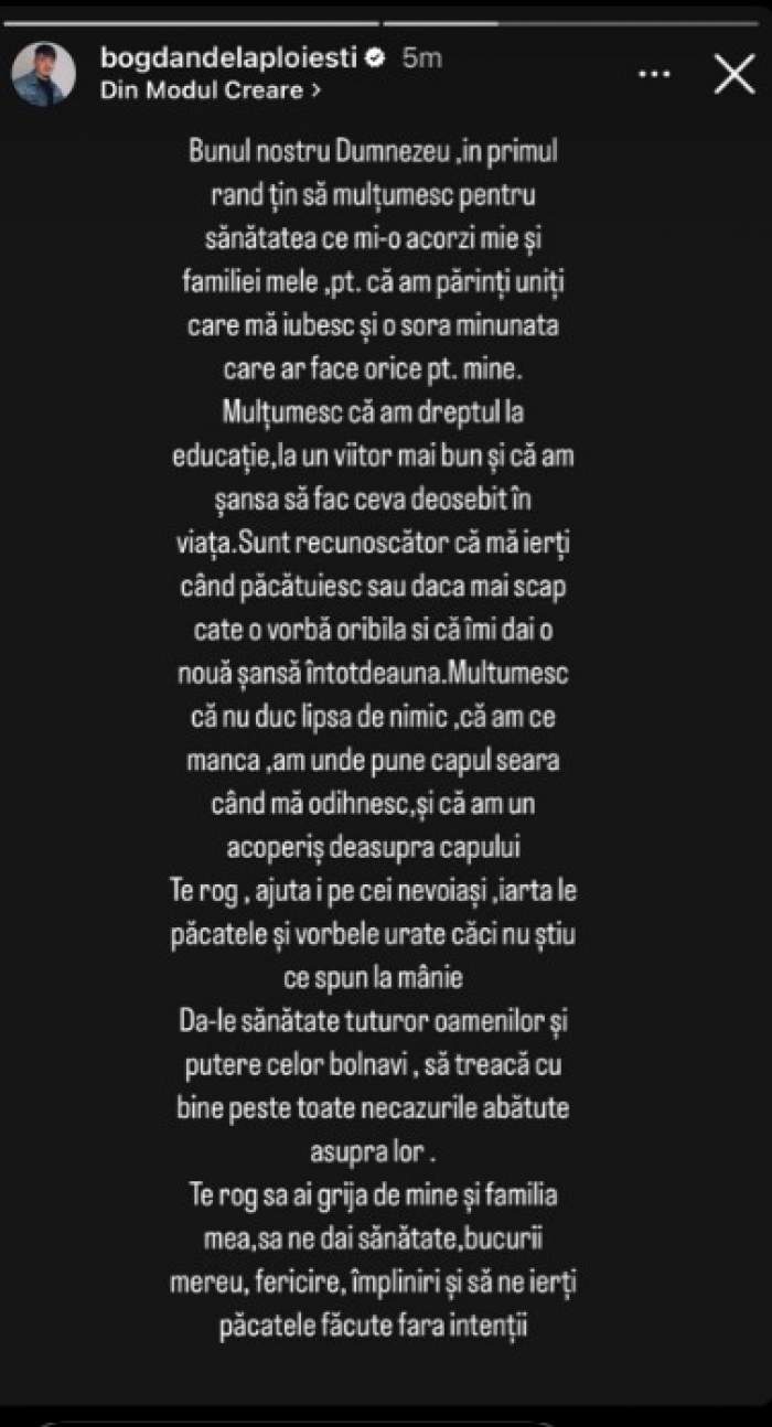 „Sunt recunoscător că mă ierți când păcătuiesc”. Bogdan de la Ploiești, „spovedanie” pe Instagram! Un nou mesaj atipic după despărțirea de Cristina Pucean