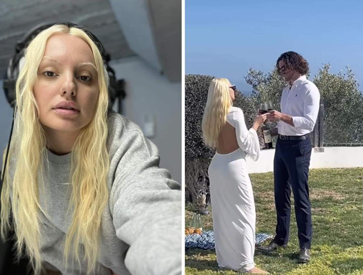 Colaj Alexandra Stan în rochie albă și iubitul ei într-o curte Colaj Alexandra Stan în rochie albă și iubitul ei