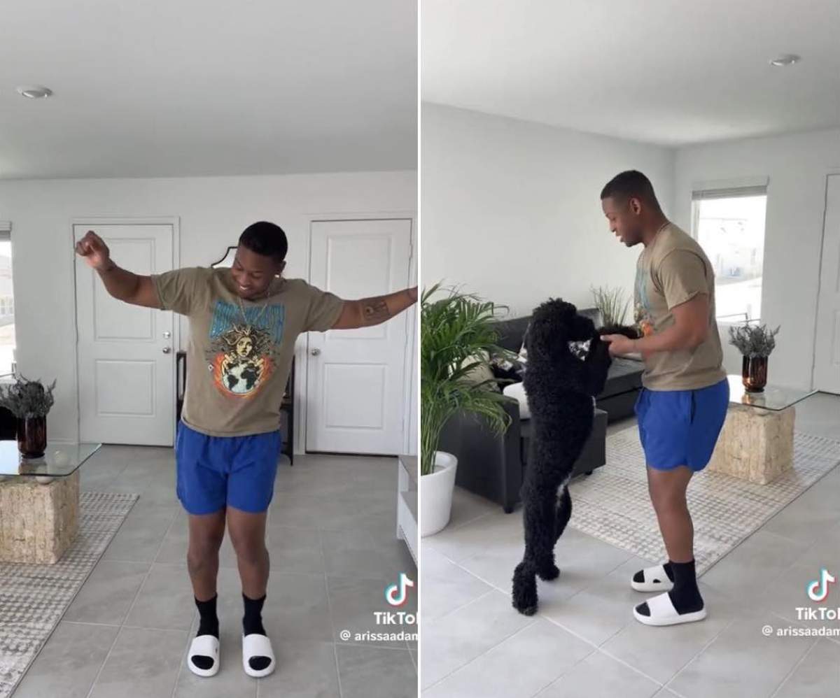 Colaj captură de ecran de pe TikTok cu americanul care dansează pe muzică populară românească Colaj cu americanul care dansează pe muzică populară românească