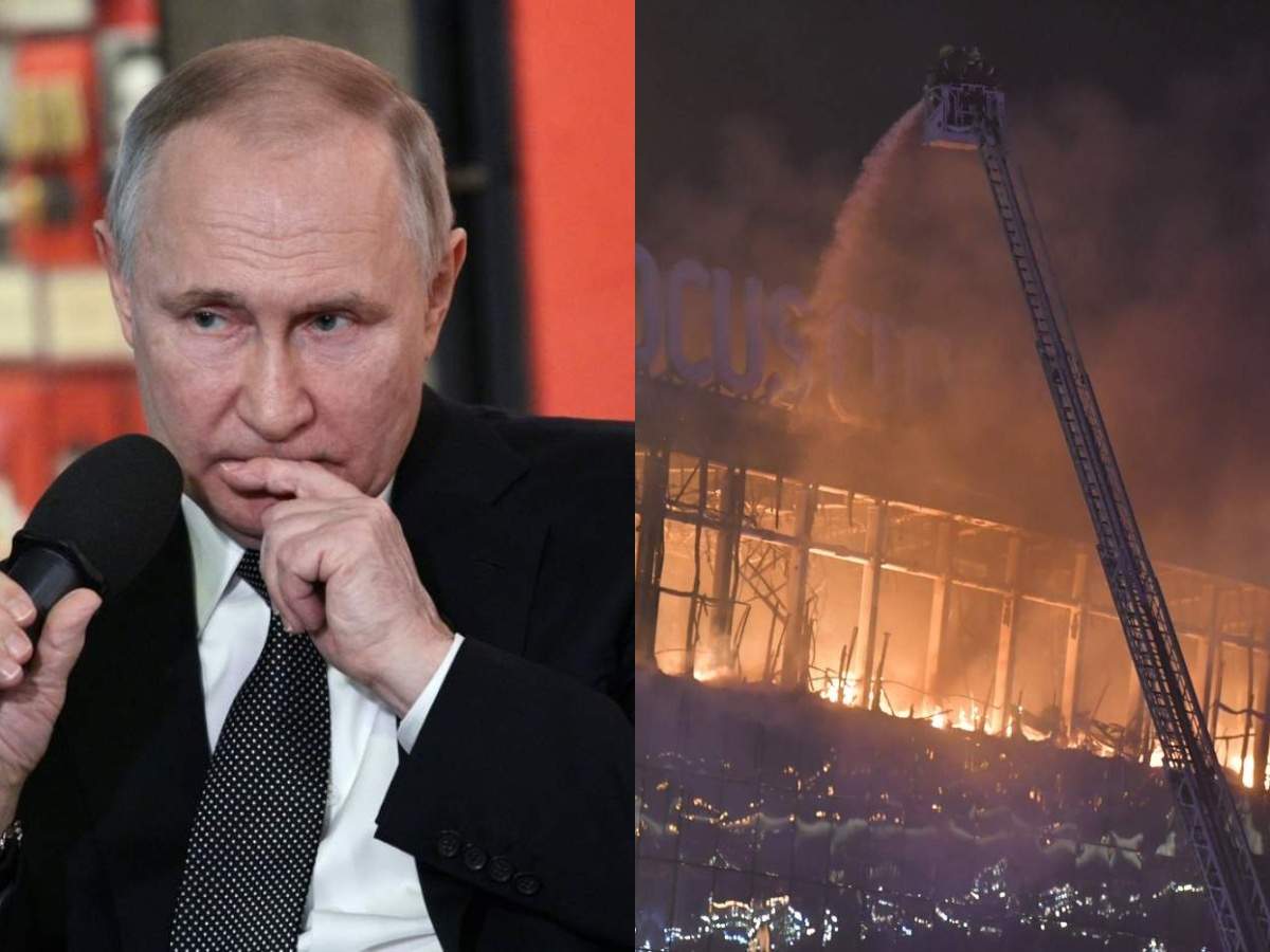 Colaj cu Vladimir Putin și sala de concerte unde a avut loc atacul terorist din Moscova
