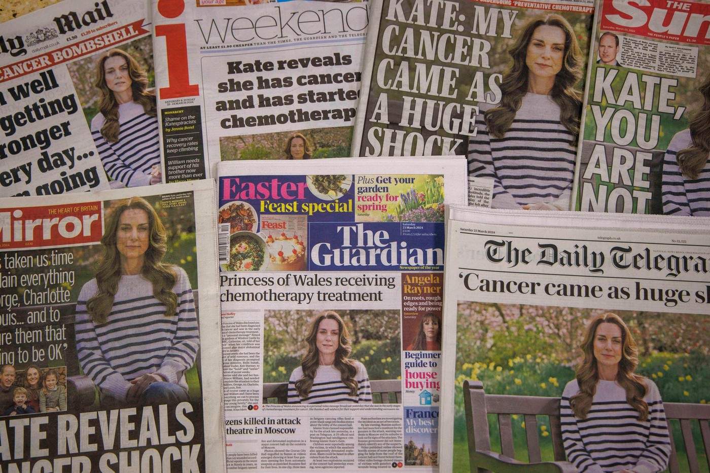 Titluri în ziarele britanice pe 23 martie, deoarece Catherine, prințesa de Wales, a dezvăluit într-o înregistrare video, difuzată pe 22 martie, că urmează un tratament pentru cancer.