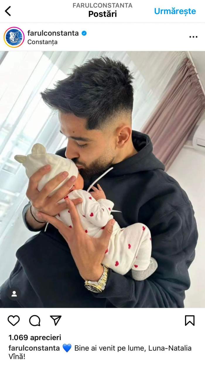 Postarea făcută pe Instagram de Farul Constanța cu imaginea cu Ionuț Vină după ce a devenit tată și fiica lui