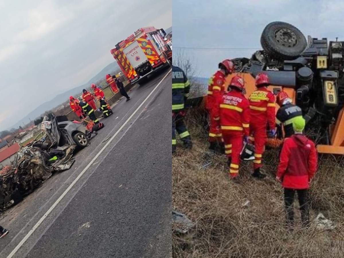 Colaj foto din doua imagini cu accidentul rutier cumplit în județul Sibiu