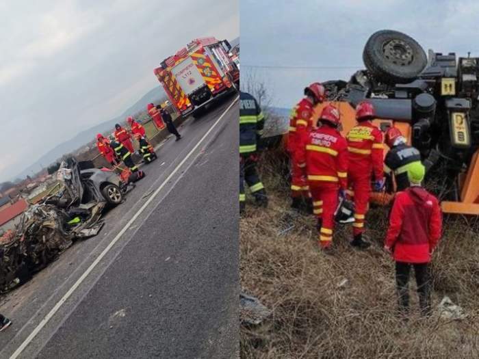 Colaj foto din doua imagini cu accidentul rutier cumplit în județul Sibiu