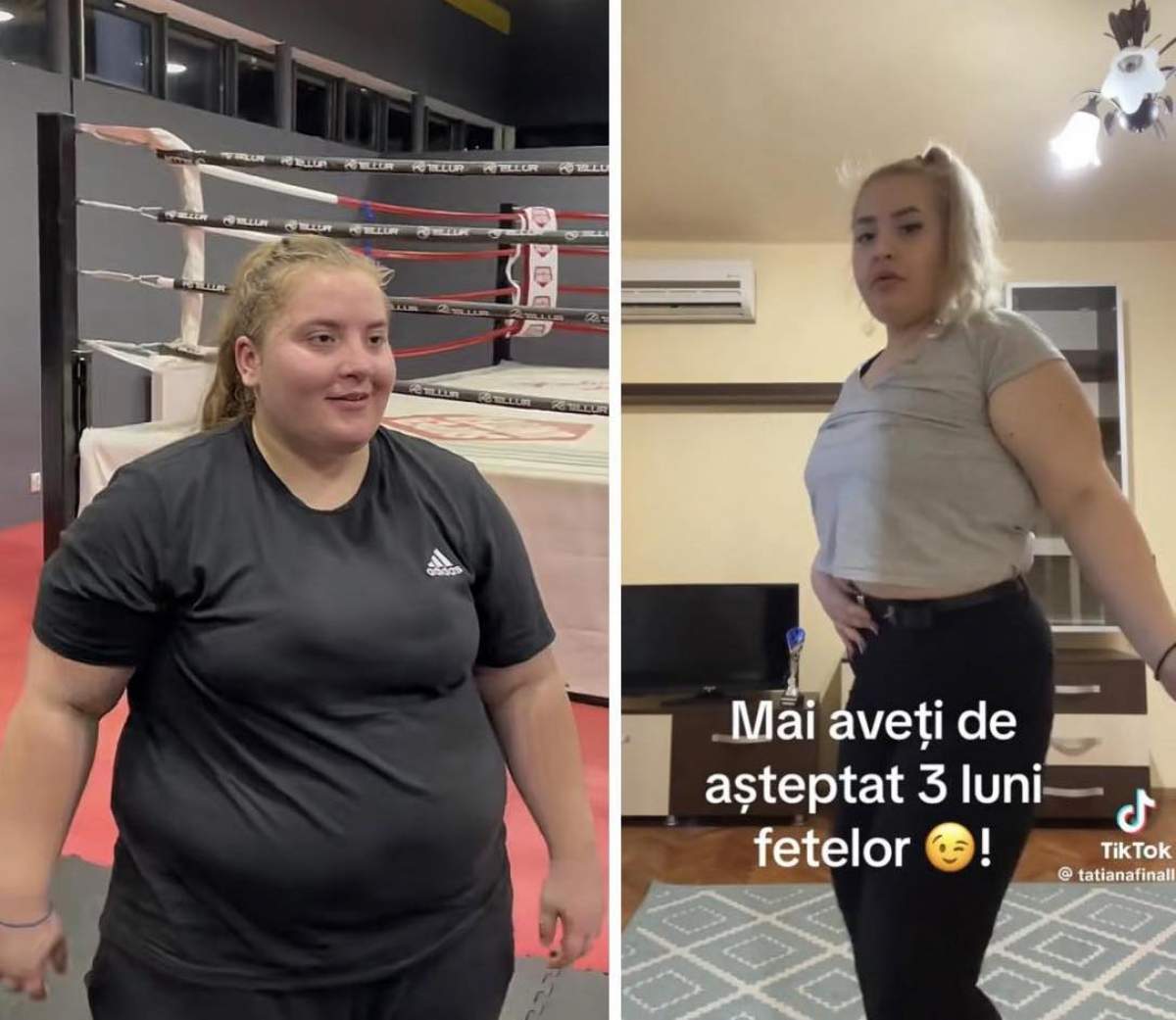 Colaj cu Tatiana înainte și după ce a slăbit, cu pantaloni negri Colaj cu Tatiana înainte și după ce a slăbit